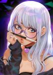  1girl blue_eyes choker glasses heart heart_choker highres holding holding_paintbrush lips long_hair magion02 mouth_hold original paintbrush pursed_lips signature solo strap_slip white_hair 