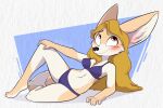  abstract_background absurd_res anthro arm_support bikini blonde_hair blush brown_eyes canid canine clothing female fennec fox fur hair hi_res leaning_on_elbow mammal mistersnek multicolored_body multicolored_fur simple_background solo swimwear 