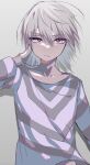  1boy accelerator_(toaru_majutsu_no_index) albino ambiguous_gender androgynous arm_at_side arm_up arrow_(symbol) arrow_print bangs collarbone diagonal-striped_shirt expressionless frown gradient_background half-closed_eyes hand_in_own_hair highres looking_at_viewer loose_clothes loose_shirt medium_hair messy_hair midriff_peek open_mouth pale_skin red_eyes sanpaku shadow shirt slit_pupils symbol-shaped_pupils thick_eyelashes toaru_majutsu_no_index ttg_shimana two-tone_shirt upper_body white_hair 