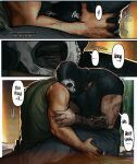  2boys arm_tattoo bara black_pants black_shirt call_of_duty call_of_duty:_modern_warfare_2 english_text ghost_(modern_warfare_2) green_tank_top highres large_pectorals male_focus mask multiple_boys muscular muscular_male pants pectorals shirt sitting sitting_on_person skull_mask soap_(modern_warfare_2) tank_top tattoo twitter_username umikochannart yaoi 