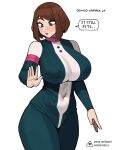  1girl aged_up alternate_breast_size bangs bodysuit boku_no_hero_academia breasts brown_eyes brown_hair covered_navel covered_nipples donburi_(donburikazoku) huge_breasts large_areolae mature_female navel open_mouth short_hair sidelocks simple_background skin_tight solo thick_thighs thighs tight uraraka_ochako 