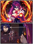  1boy 1girl alcryst_(fire_emblem) ascot attack bangs bare_shoulders blue_hair book bow_(weapon) breasts cleavage dress elbow_gloves fascinator fire fire_emblem fire_emblem_engage gloves hair_between_eyes hair_ornament hairclip highres holding holding_bow_(weapon) holding_weapon incoming_attack ivy_(fire_emblem) large_breasts long_hair long_sleeves looking_at_viewer magic purple_eyes purple_hair pyrokinesis red_eyes shidanna short_hair weapon white_ascot white_gloves 