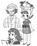  1boy 2girls animal_crossing bad_id bad_twitter_id basket collarbone daisy_mae_(animal_crossing) dede_(qwea_00000) eyeshadow greyscale hat highres kicks_(animal_crossing) label_able_(animal_crossing) looking_at_viewer makeup monochrome multiple_girls personification sandals scarf simple_background sketchbook smile snot sunglasses suspenders turnip upper_body white_background 