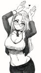  1girl armpit_peek breasts cleavage glasses heart highres hip_bones large_breasts long_hair magion02 midriff monochrome navel neck_ribbon original rabbit_pose ribbon signature simple_background solo spoken_heart white_background 