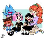  1boy 4girls adorabat artist_name black_dress black_footwear black_hair black_shirt black_skirt blue_shorts blue_skirt blue_socks blue_vest blush_stickers boots brown_hair buck_teeth cartoon_network charlene_(victor_and_valentino) commentary company_connection crying danishi dress english_commentary eyewear_on_head fangs frilled_socks frills glasses green_scrunchie hair_ornament hair_scrunchie hairclip hbo_max headband high_ponytail hug infinity_train jewelry k.o._(ok_k.o.!) long_hair mao_mao:_heroes_of_pure_heart multicolored_clothes multicolored_skirt multiple_girls necklace ok_k.o.!_let&#039;s_be_heroes on_ground open_mouth orange_hair peg_leg pink_hair pink_shirt pink_skirt purple_shirt red_footwear red_headband scrunchie shirt shoes short_hair shorts simple_background sitting skirt sleeveless sleeveless_shirt socks star_(symbol) star_necklace summer_camp_island susie_mccallister sweatband t-shirt teeth toon_(style) translation_request tulip_olsen vest victor_and_valentino white_shirt white_skirt white_socks yellow_footwear yellow_skirt 