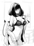 1girl ban!_(bansankan) black_bra black_hair bra breasts character_request commentary_request copyright_request cropped_torso demon_tail female_pubic_hair glasses greyscale large_breasts looking_at_viewer medium_hair monochrome naked_shirt navel_piercing open_mouth piercing pubic_hair semi-rimless_eyewear shirt solo tail under-rim_eyewear underwear 
