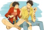  2boys :i :t arm_tattoo black_hair bone boned_meat brown_footwear chest_tattoo collared_shirt crossed_legs denim eating facial_hair food goatee grin hand_tattoo hat holding holding_bone holding_food jacket jeans looking_at_another male_focus meat messy_hair monkey_d._luffy multiple_boys one_piece onigiri open_clothes open_jacket pants pants_rolled_up red_jacket sandals sanpaku sash scar scar_on_face shirt short_hair sitting smile straw_hat tattoo trafalgar_law uonomesabu upper_body white_background yellow_eyes yellow_sash yellow_shirt 