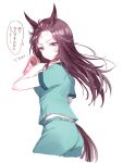  1girl :o animal_ears blush breasts brown_eyes brown_hair cropped_legs drying drying_hair green_pants green_shirt hair_dryer hand_in_own_hair holding holding_hair_dryer horse_ears long_hair looking_at_viewer looking_back mejiro_dober_(umamusume) pants romi_(346_ura) shirt short_sleeves simple_background small_breasts solo speech_bubble sweatdrop tail tail_ornament translation_request umamusume wet wet_hair white_background 