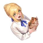  1girl ahoge artoria_pendragon_(fate) bangs blonde_hair blush braid breasts burger commentary cropped_torso dress_shirt dutch_angle eating fate/stay_night fate_(series) food french_braid green_eyes hair_between_eyes hair_ribbon highres holding light_blush limart long_sleeves looking_at_viewer medium_breasts neck_ribbon open_mouth ribbon shirt simple_background solo symbol-only_commentary teeth upper_body white_background white_shirt 