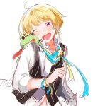  1boy black_vest blonde_hair blue_scarf blush earrings facing_viewer harukawa_(aonori1022) idolmaster idolmaster_side-m jewelry kaerre male_focus one_eye_closed open_mouth pierre_bichelberger purple_eyes scarf shirt short_hair sketch smile solo star_(symbol) stuffed_animal stuffed_frog stuffed_toy vest white_shirt 