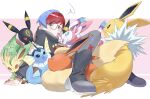  1girl black_eyes blue_eyes blue_hair brown_eyes colored_sclera flareon glasses grey_eyes grey_footwear highres hood hoodie jolteon leafeon long_sleeves multicolored_hair p_m_ame pantyhose penny_(pokemon) pokemon pokemon_(creature) pokemon_(game) pokemon_sv red_hair red_sclera round_eyewear short_hair sylveon two-tone_hair umbreon vaporeon 