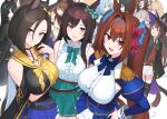  6+girls animal_ears bare_shoulders black_hair black_headwear blue_bow blue_bowtie blue_eyes blue_skirt blush bow bowtie breasts brown_hair character_request closed_mouth commentary_request daiwa_scarlet_(umamusume) epaulettes fang green_bow green_bowtie green_eyes hair_bow hair_intakes hair_ornament hat hayabusa horse_ears horse_girl large_breasts large_hat long_hair looking_at_viewer multiple_girls open_mouth purple_eyes red_bow red_eyes skin_fang skirt smile tiara twintails umamusume 