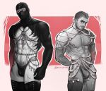  2boys abs arms_behind_back artist_name bara bbokkatart blush bulge call_of_duty call_of_duty:_modern_warfare_2 closed_mouth facial_hair ghost_(modern_warfare_2) highres large_pectorals male_focus male_pubic_hair male_underwear mask multiple_boys muscular muscular_male navel nipples pectorals pubic_hair short_hair sidecut smile soap_(modern_warfare_2) thighhighs thong underwear 