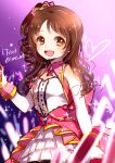  1girl breasts brown_eyes brown_hair commentary_request dated dress drill_hair elbow_gloves frilled_dress frills gloves heart holding holding_microphone idolmaster idolmaster_cinderella_girls korean_commentary long_hair microphone one_side_up open_mouth shimamura_uzuki small_breasts smile solo sparkle tianel_ent twitter_username white_gloves wrist_cuffs 