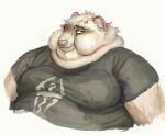  2020 anthro bethesda_softworks cettus chubby_cheeks clothing crumbs domestic_ferret double_chin fur logo male mammal moobs morbidly_obese morbidly_obese_anthro morbidly_obese_male mustelid musteline obese obese_anthro obese_male overweight overweight_anthro overweight_male shirt simple_background skyrim solo the_elder_scrolls topwear true_musteline weasel white_background white_body white_fur 