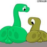  balls big_butt black_eyes bongo_(bonguitoweon) butt digital_media_(artwork) dinosaur feral genitals green_body hi_res huge_butt lyncario male male/male nude reptile scalie simple_background surprised_expression text thick_thighs 