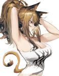  1girl adjusting_hair animal_ears arknights armpits arms_behind_head arms_up bangs blonde_hair breasts closed_mouth enn_matien hair_tie_in_mouth highres large_breasts lion_ears lion_girl lion_tail long_hair mouth_hold shirt siege_(arknights) simple_background sleeveless sleeveless_shirt solo tail tying_hair upper_body white_background white_shirt yellow_eyes 