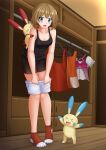  1girl :d ankle_socks bangs bike_shorts black_camisole black_shorts blue_eyes blush breasts brown_hair camisole cleavage clothes_hanger clothes_pull collarbone commission highres indoors kazenokaze leaning_forward may_(pokemon) medium_breasts minun no_shoes plusle pokemon pokemon_(creature) pokemon_(game) pokemon_rse red_socks short_shorts shorts shorts_pull sidelocks smile socks standing white_shorts wooden_floor 