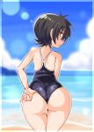  1girl adjusting_clothes adjusting_swimsuit ass bangs beach black_hair black_one-piece_swimsuit blue_sky closed_mouth cloud cloudy_sky commentary cougar_(cougar1404) day from_behind horizon light_frown looking_at_viewer nari_(cougar1404) ocean one-piece_swimsuit original outdoors school_swimsuit short_hair sky solo standing swimsuit thigh_gap wedgie yellow_eyes 