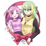  2girls alina_gray alternate_costume bangs blonde_hair blush breasts collared_shirt dated green_eyes green_hair hair_between_eyes hair_ornament hair_ribbon highres jewelry long_hair long_sleeves looking_at_viewer magia_record:_mahou_shoujo_madoka_magica_gaiden mahou_shoujo_madoka_magica medium_breasts medium_hair misono_karin multicolored_hair multiple_girls necklace one_eye_closed open_mouth orange_ribbon parted_bangs pink_shirt purple_eyes purple_hair purple_shirt ribbon satom shirt sidelocks simple_background single_hair_ring smile star_(symbol) star_hair_ornament straight_hair streaked_hair sweater sweater_vest two_side_up vest white_background yellow_vest 