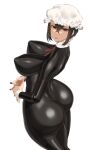  1girl apron ass ass_focus bangs black_bodysuit black_nails bodysuit breasts cleavage covered_nipples crossed_bangs earrings highres hoop_earrings huge_ass huge_breasts jewelry latex latex_bodysuit original sidelocks skin_tight solo thick_thighs thighs throtem wrist_cuffs 