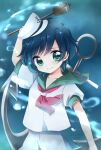  1girl anchor anchor_symbol black_hair choco_(moyasi) green_eyes green_sailor_collar hat highres hishaku holding murasa_minamitsu neckerchief red_neckerchief sailor sailor_collar sailor_hat sailor_shirt shirt short_hair smile touhou white_headwear white_shirt 