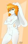  absurd_res anthro arm_under_breasts big_ears breasts crossed_arms derby_(mrbuttonboi) female fur genitals hi_res long_ears nipples nude orange_body orange_eyes orange_fur pink_nipples pussy rabbut raxel short_tail small_breasts solo standing tail white_body white_fur 