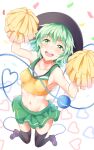  arms_up bangs bare_shoulders black_headwear black_thighhighs blush breasts brown_footwear cheerleader clothes_lift collarbone curvy from_above full_body ganbare_ganbare_(itou_life) green_eyes green_hair green_skirt hair_between_eyes heart heart_background heart_of_string highres jumping komeiji_koishi legs looking_at_viewer medium_hair midriff miniskirt nagomian navel open_mouth pom_pom_(cheerleading) round_teeth simple_background skirt skirt_lift small_breasts smile sports_bra sportswear sweat teeth thighhighs third_eye touhou upper_teeth_only wavy_hair white_background zettai_ryouiki 