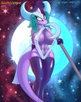  absurd_res anthro big_breasts blue_hair breasts clothed clothing digital_media_(artwork) dragon dragon_city female hair hi_res high_moon_empress horn humanoid looking_at_viewer metal moon purple_body purple_scales reptile scales scalie shaded simple_background simple_shading socialpoint solo space standing suchicempa tail thick_thighs 