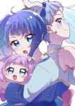  1girl baby bangs blue_dress blue_eyes blue_hair blue_shirt closed_mouth commentary cure_sky cut_bangs dress dual_persona earrings ellee-chan frown hair_ornament hirogaru_sky!_precure holding_baby jewelry long_hair long_sleeves looking_at_viewer looking_back magical_girl open_mouth precure purple_hair shirt short_hair side_ponytail sleeveless sleeveless_dress smile solo sora_harewataru twitter_username white_background yuzunono 