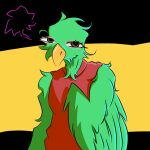  ambiguous_gender avian beak bird clothing feathered_wings featherfall feathers green_body green_eyes green_feathers hi_res parrot quote_retweets_bird red_clothing simple_background solo wings yellow_beak 