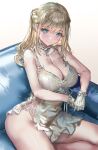  1girl bangs bare_arms bare_shoulders blonde_hair blue_eyes blush breasts choker cleavage closed_mouth collarbone commentary_request dress gloves highres large_breasts long_hair original ran&#039;ou_(tamago_no_kimi) sitting smile solo thighs white_choker 