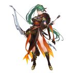  1girl artist_request bangs breasts earrings fingerless_gloves fire_emblem fire_emblem:_the_blazing_blade fire_emblem_heroes gloves green_eyes green_hair high_ponytail highres jewelry large_breasts long_hair looking_at_viewer lyn_(fire_emblem) official_alternate_costume official_art open_mouth ponytail smile solo very_long_hair weapon 