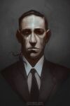  1boy artist_name black_suit black_tie closed_mouth commentary cthulhu_mythos english_commentary fantasy formal h_p_lovecraft highres looking_at_viewer mismatched_pupils necktie patreon_username portrait solo suit tentacles thefearmaster 