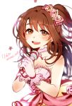  1girl blurry breasts brown_eyes brown_hair choker cleavage commentary_request dated dress earrings flower gloves hair_flower hair_ornament holding holding_microphone idolmaster idolmaster_cinderella_girls jewelry korean_commentary long_hair medium_breasts microphone one_side_up open_mouth pink_choker pink_dress pink_gloves shimamura_uzuki smile solo tianel_ent twitter_username upper_body 