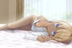  1girl anchon bangs bed_sheet blonde_hair bloom blue_eyes bottomless breasts collarbone curtains dress_shirt groin gyaru highres indoors legs_together lips long_sleeves looking_at_viewer lying medium_breasts morning nipples no_bra on_bed on_side open_clothes open_shirt original shirt sidelocks smile solo sunlight tan white_shirt window 