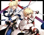  2boys belt black_border black_gloves blonde_hair blue_eyes border cosplay ebi_pri_shrimp eyepatch father_and_son fighting_stance fingerless_gloves gloves guilty_gear guilty_gear_xrd guilty_gear_xx hair_between_eyes holding holding_pole holding_sword holding_weapon ky_kiske looking_at_viewer magnolia_eclair_ii male_focus multiple_belts multiple_boys order-sol order-sol_(cosplay) pole ponytail simple_background sin_kiske sol_badguy sword weapon white_background 