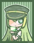  1girl alina_gray bangs black_headwear black_vest chibi closed_mouth green_background green_hair hat long_hair magia_record:_mahou_shoujo_madoka_magica_gaiden magical_girl mahou_shoujo_madoka_magica momi_(_sciuridae) multicolored_hair peaked_cap puffy_short_sleeves puffy_sleeves see-through see-through_sleeves short_sleeves solo straight_hair streaked_hair striped twitter_username vest 