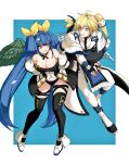  1boy 1girl angel_wings arms_behind_back asymmetrical_wings bangs bare_shoulders black_panties black_thighhighs blonde_hair blue_background blue_eyes blue_hair blush border breasts choker cleavage couple detached_collar detached_sleeves dizzy_(guilty_gear) ebi_pri_shrimp full_body guilty_gear guilty_gear_xrd hair_ribbon hair_rings hetero hug hug_from_behind husband_and_wife ky_kiske large_breasts lifting_person long_hair looking_at_another mini_wings monster_girl panties ponytail red_eyes ribbon sidelocks simple_background smile tail tail_hug tail_ornament tail_ribbon thigh_gap thigh_strap thighhighs twintails underwear white_border wings yellow_ribbon 