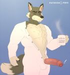  2022 aged_up anthro balls_outline blue_background blush brown_body brown_fur bulge canid canine canis clothed clothing digital_media_(artwork) dreamworks erection exclamation_point eyebrows foreskin fur genital_outline genitals glans hi_res holding_mug holding_object humanoid_genitalia humanoid_penis male mammal mr._wolf_(the_bad_guys) mug muscular muscular_anthro muscular_male old onesie partially_retracted_foreskin pecs penis rine simple_background solo steam tan_body tan_fur the_bad_guys tight_foreskin vein veiny_penis wolf 