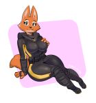  anthro belt black_clothing bodysuit boots breasts canid canine cheek_tuft clothed clothing diane_foxington dreamworks eyebrow_piercing facial_piercing facial_tuft female footwear fox fully_clothed fur hi_res looking_at_viewer mammal orange_body orange_fur piercing sitting skinsuit solo the_bad_guys thick_thighs tight_clothing tuft utility_belt wide_hips zinnick 