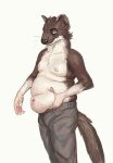  anthro belly bottomwear brown_body brown_fur cettus clothed clothing fur hi_res holding_stomach looking_down male mammal moobs mustelid musteline overweight overweight_anthro overweight_male pants simple_background solo standing stoat topless true_musteline weasel white_background white_body white_fur 