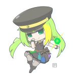  1girl alina_gray black_bow black_footwear black_headwear black_vest blonde_hair blunt_ends bow chain chibi closed_mouth fishnet_thighhighs fishnets fold-over_boots full_body fur_cuffs green_eyes green_hair hat highres long_hair looking_at_viewer magia_record:_mahou_shoujo_madoka_magica_gaiden magical_girl mahou_shoujo_madoka_magica multicolored_clothes multicolored_hair multicolored_skirt peaked_cap pleated_skirt puffy_short_sleeves puffy_sleeves senpaki short_sleeves sidelocks signature simple_background skirt smile solo straight_hair streaked_hair striped striped_skirt thighhighs vertical-striped_skirt vertical_stripes vest waist_bow white_background 