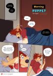  5_fingers anthro canid canine canis clothed clothing comic domestic_dog exclamation_point fingers hair hi_res inner_ear_fluff male mammal open_mouth red_clothing red_shirt red_topwear shirt solo spanish_text text topwear tuft yuguni yuguni_(yuguni) 