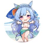  1girl animal_ears bangs bare_shoulders beach bikini blue_hair blunt_bangs blush braid breasts chibi cloud commentary day ear_ornament foreshortening highres horse_ears horse_girl horse_tail large_breasts lens_flare light_blue_hair long_hair looking_at_viewer mejiro_ardan_(umamusume) navel no_nose o-ring ocean open_mouth outdoors outstretched_arms purple_eyes reaching_towards_viewer sandals sarong skindentation solo standing swimsuit tail teeth thighs umamusume upper_teeth_only very_long_hair warashi water white_bikini 