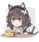  1girl afterimage animal_ear_fluff animal_ears black_hairband black_vest brown_hair cat_ears cat_girl cat_tail collared_shirt cup_ramen drooling grey_eyes hairband highres kurioshi_fio medium_hair motion_lines original satou_(3366_s) shirt steam tail tail_wagging vest white_background white_shirt wing_collar 