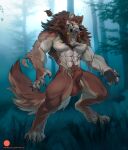  2023 abs animal_genitalia anthro arm_tuft balls biped bodily_fluids brown_balls brown_body brown_fur brown_hair brown_sheath canid canine claws digital_media_(artwork) digitigrade elbow_tuft fangs forest forest_background fur genitals hair hi_res male mammal muscular muscular_anthro muscular_male nature nature_background nude outside patto paws pecs plant saliva sheath solo teeth toe_claws tongue tongue_out tree tuft were werecanid werecanine werewolf white_body white_fur yellow_eyes 