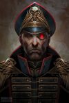  1boy artist_name chin commentary commissar english_commentary fleur-de-lis glowing glowing_eye gold_trim hat highres looking_at_viewer military military_hat military_jacket military_uniform peaked_cap portrait red_eyes red_trim solo thefearmaster uniform warhammer_40k 