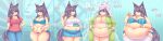  absurd_res animal_humanoid belly big_belly big_breasts blue_eyes breasts canid canid_humanoid canine canine_humanoid cleavage clothed clothing dialogue female food fox_humanoid grey_hair hair hi_res huge_breasts huge_thighs humanoid long_image mammal mammal_humanoid mina_(pixiveo) navel obese obese_humanoid overweight overweight_humanoid pixiveo side_boob solo standing text thick_thighs weight_gain wide_image 