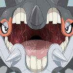  1:1 absurd_res ambiguous_gender black_eyes blue_background bodily_fluids cetitan front_view generation_9_pokemon grey_body hi_res imperatorcaesar mouth_shot narrowed_eyes nintendo open_mouth pokemon pokemon_(species) pupils red_tongue saliva saliva_string simple_background solo teeth tongue white_pupils 